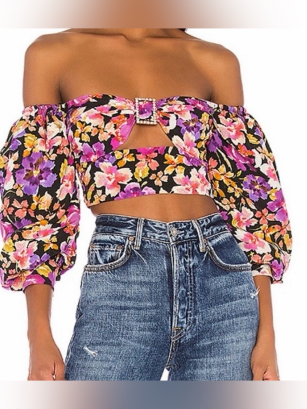 Lovers + Friends Black Floral Off-Shoulder Crop Top with Rhinestone Buckle